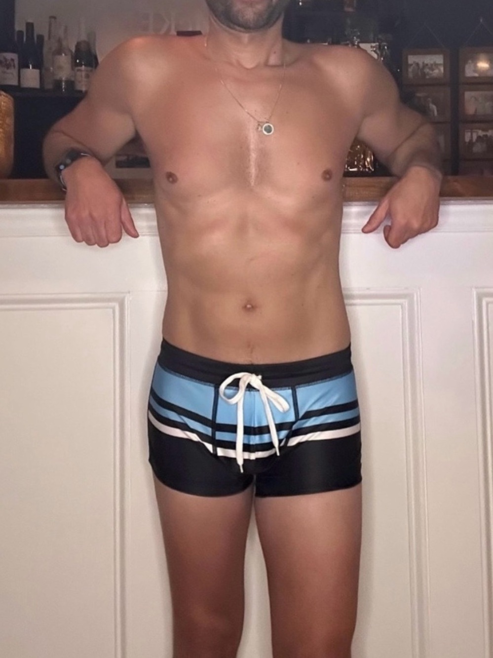 Cassis Square Cut Swim Trunks in Blue, Black & White (Medium / 30-32" Waist)